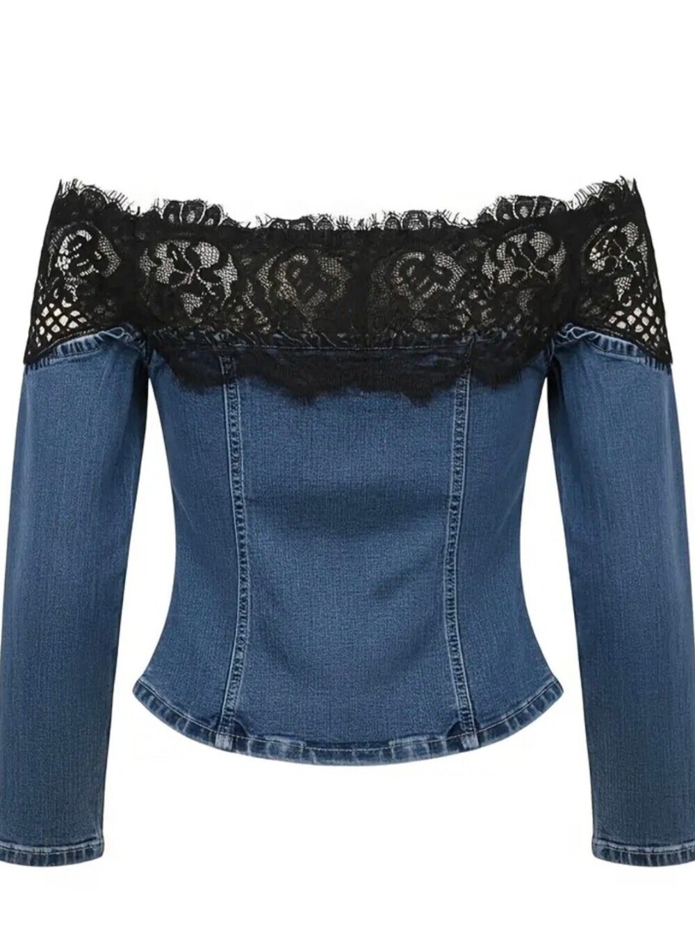 Women's Off Shoulder Eyelash Lace Trim Denim Long Sleeve Top, Sexy V Neck - Picture 5 of 6